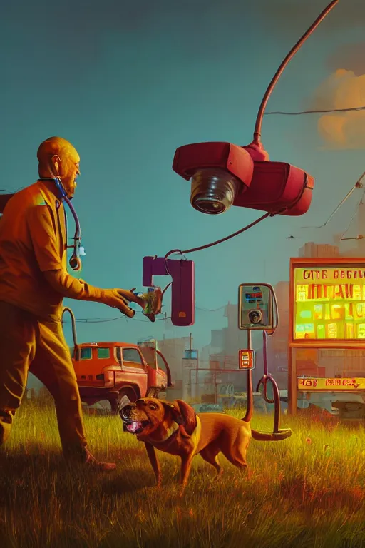 Prompt: dog doctor, ultra hd, Painting By Simon Stalenhag, unreal 5, DAZ, hyperrealistic, octane render, dynamic lighting, intricate detail, summer vibrancy, cinematic
