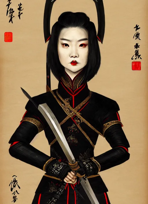 Image similar to full portrait of female vampire jinyiwei wearing black heavy armor and pointed helmet, stern, agile, elegant, imposing, jinyiwei, embroidered uniform guard, secret agent, detective, chinese armor, historical armor, pointed helmet, katana, nodachi, japanese sword, ming dynasty, detailed, realistic face, anatomically accurate, fantasy art.