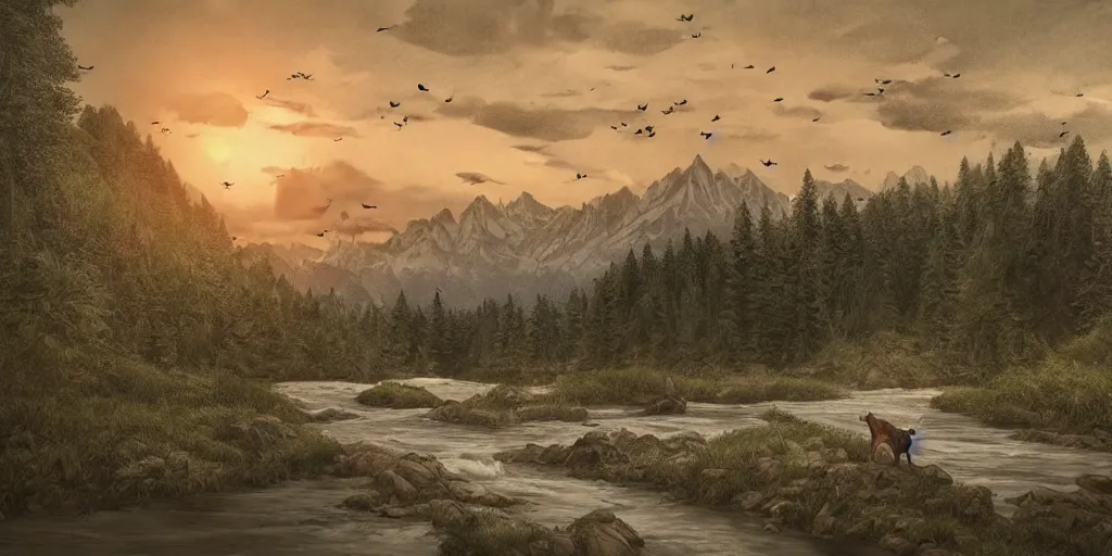 Image similar to A majestic landscape featuring a river, mountains and a forest. A group of birds is flying in the sky. There is a dog and an old man standing, wearing a backpack and staring at the sunset. Cinematic, very beautiful, pencil drawing