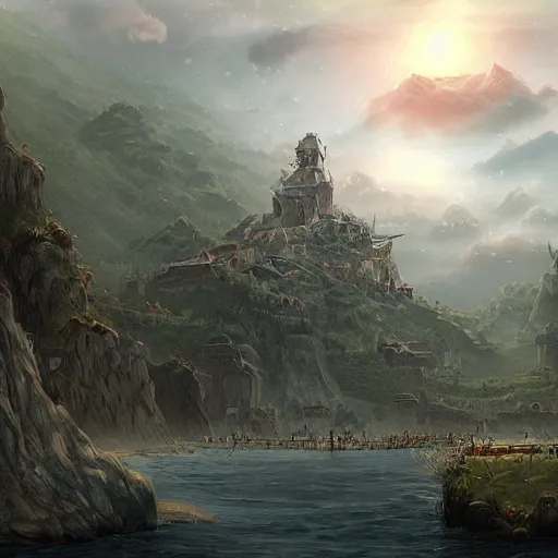 Image similar to a beautiful matte painting of fort floating in the sky by mai anh tran,