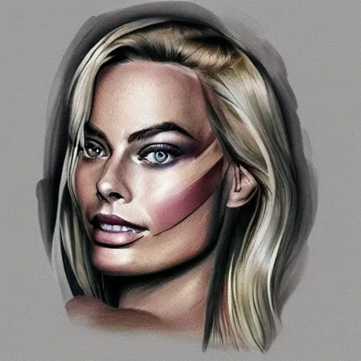 Prompt: face morph tattoo design sketch of margot robbie blended with beautiful mountain scenery, in the style of matteo pasqualin, amazing detail