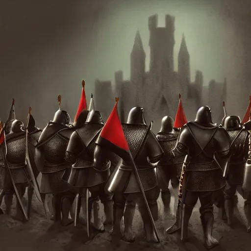 Image similar to realistic, 5 medieval knights, soldiers, in line, pikes, hellbards, banner, flag, mist, picture from behind, epic, digital art, illustration, fantasy, realistic sketch, dark