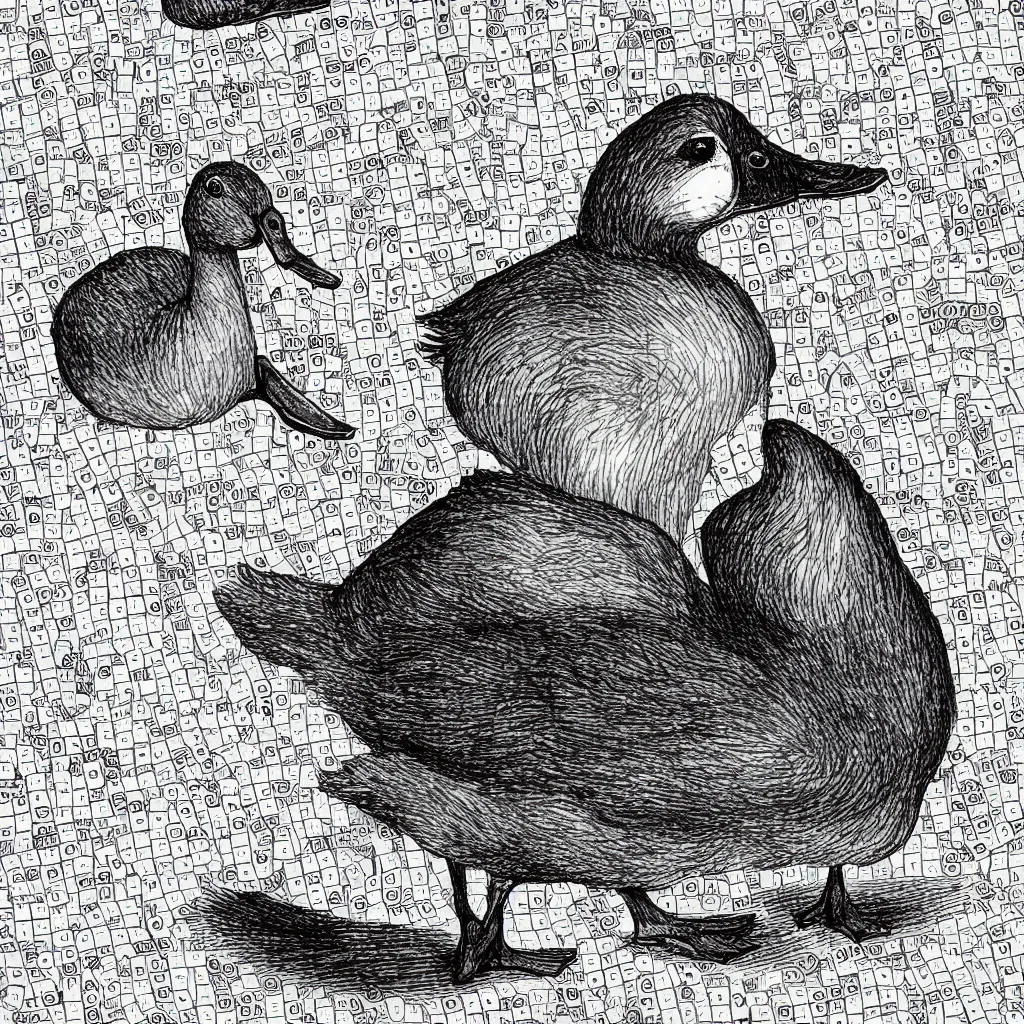 Prompt: A duck doing a crossword puzzle in the style of a New Yorker cartoon.