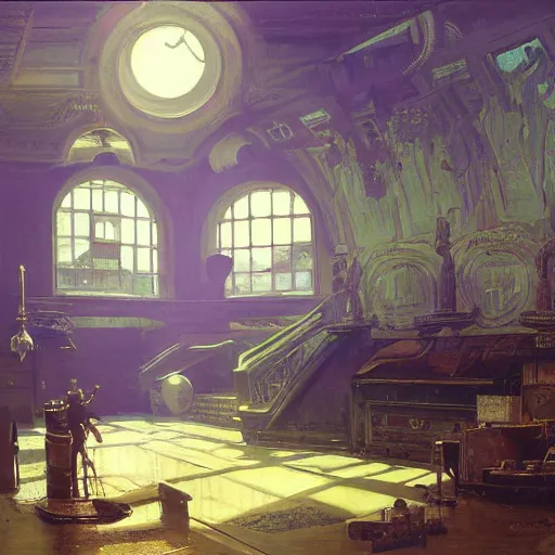 Prompt: painting of syd mead artlilery scifi organic shaped empty room with ornate metal work lands on a farm, fossil ornaments, volumetric lights, purple sun, andreas achenbach