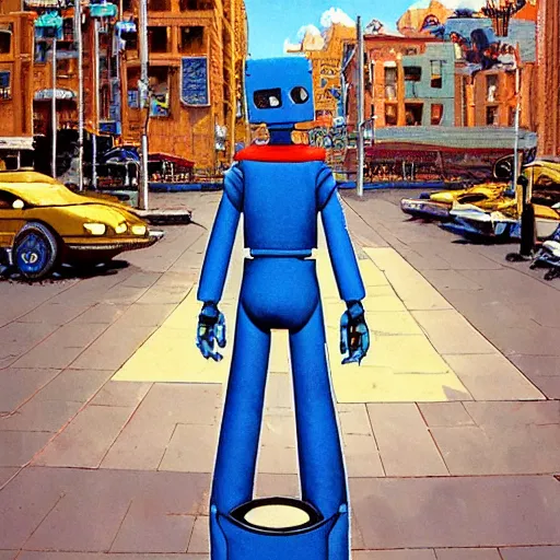 Prompt: a lone robot walking in a city, he has a computer screen for a face, on his head he is wearing a bucket hat made of a flamingo print cloth, by John Harri and Michael Whelan and John Berkey and Robert McCall and Chris Foss and Chris Moore and Vincent Di Fate and Rafał Olbiński and Jim Burns