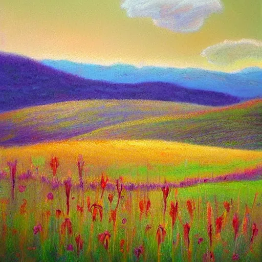 Image similar to This painting is a unique pastel and oil on canvas. It features a beautiful landscape with rolling hills and fields of wildflowers. The colors are soft and soothing, making it the perfect piece to relax and unwind with.