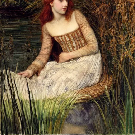 Image similar to breathtaking masterpiece of art, elizabeth eleanor siddall as ophelia floating on the water fully clothed in flowing medieval clothes amongst the reeds by william holman hunt and rosetti, 8 k