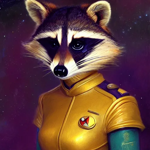 Image similar to a portrait of a female raccoon in starfleet uniform at night in a dark forest. zootopia fursona furaffinity furry art detailed face painting by gaston bussiere craig mullins jc leyendecker gustav klimt artgerm greg rutkowski furry