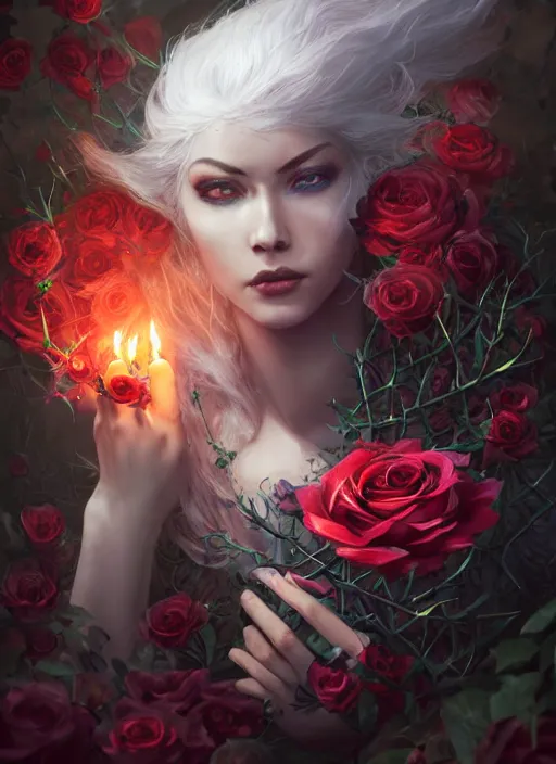 Prompt: beautiful necromancer surrounded by thorns and roses, attractive face, photo by alexey gurylev, high detail, clear focus, concept art, league of legends, shumolly style, monable, artgerm, greg rutkowski, zeronis, pilen and ruan jia