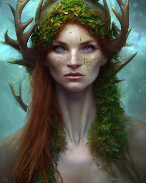 Image similar to female druid, perfect face, thin antlers, green tunic, ginger hair, cinematic, freckles, stunning, muscular, abs, athletic, strong, agile, highly detailed, psychedelic, digital painting, artstation, smooth, hard focus, illustration, art by jessica rossier and and brian froud