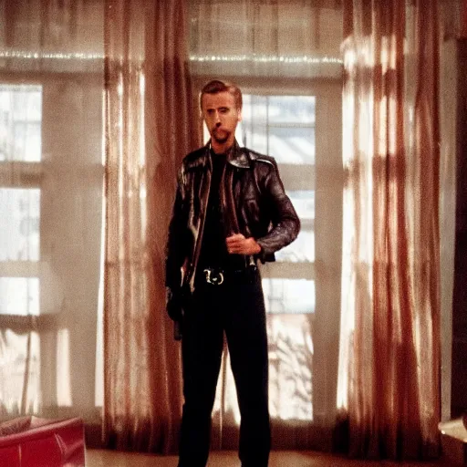 Prompt: amazing beautiful Ryan Gosling barbie doll wearing leather in the living room, film still from the movie directed by Denis Villeneuve , wide lens