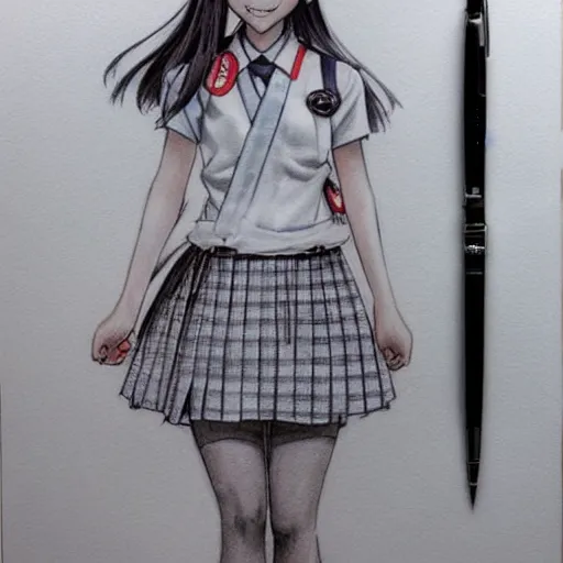 Image similar to a perfect, realistic professional digital sketch of a Japanese schoolgirl in style of Marvel, full length, by pen and watercolor, by a professional American artist on ArtStation, a hollywood-style sketch, on high-quality paper