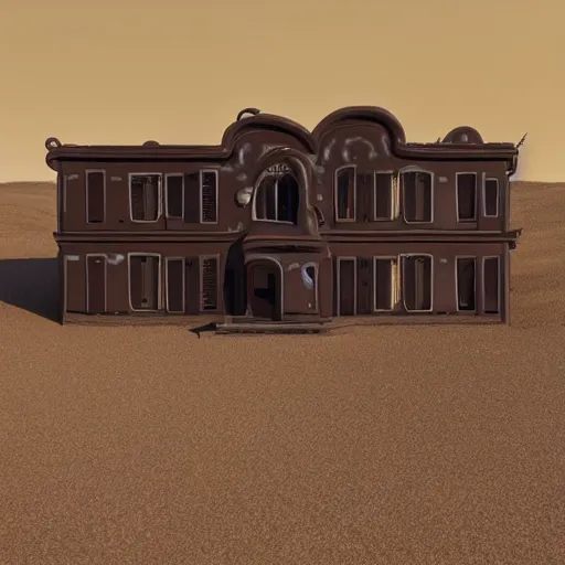 Prompt: a chocolate mansion melting in the desert, cinema 4 d, realistic