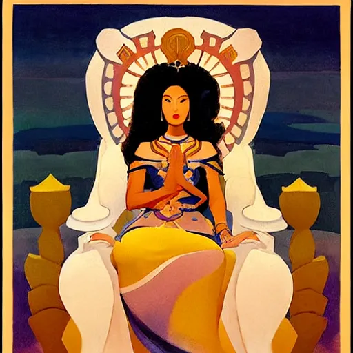 Image similar to an illustration of an ivory skin with dark curly hair queen on a throne, by nicholas roerich, by frank frazetta by georgia o keeffe by frederick william elwell, by hans emmenegger, by eyvind earle highly detailed, realistic, outline, line work, fantasy, oriental, stylised flat colors, animation