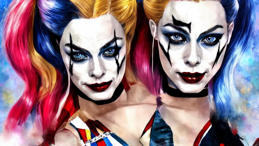 Image similar to portrait of Margot Robbie as Harley Quinn, Pixiv style, detailed,