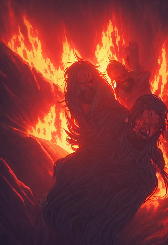 Prompt: a portrait of jesus descending into hell by dan mumford, yusuke murata and makoto shinkai, 8k, cel shaded, unreal engine, featured on artstation, pixiv