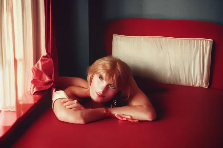 Image similar to film photography from 7 0 s, close - up portrait of fashion model in red room, soft light, golden hour, in style of joel meyerowitz