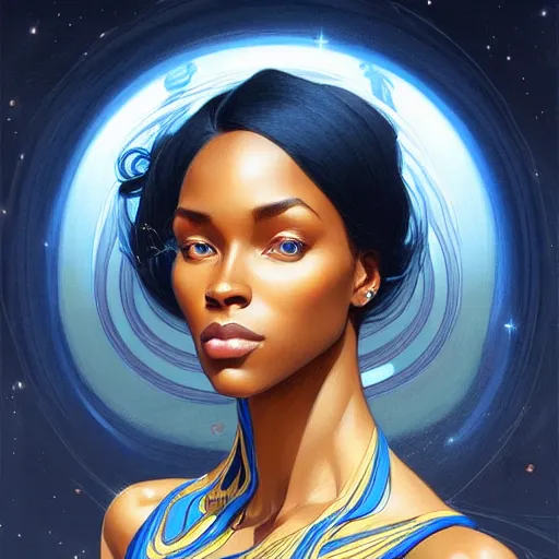 Image similar to Portrait of very very very very very very beautiful african woman, spacesuit, blue eyes, intricate, elegant, highly detailed, digital painting, artstation, concept art, smooth, sharp focus, illustration, art by artgerm and greg rutkowski and alphonse mucha