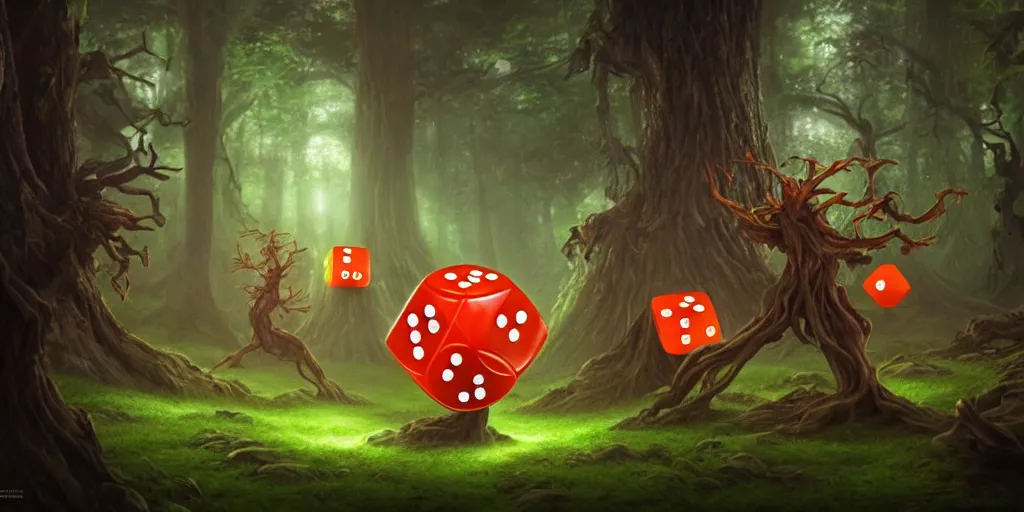 Image similar to anthropomorphic tree spirits rolling cube dice in the forest, glowing energy, fantasy magic, by willian murai and jason chan and marco bucci, hyper detailed and realistic, illustration, sharp focus, cinematic, rule of thirds, forestpunk