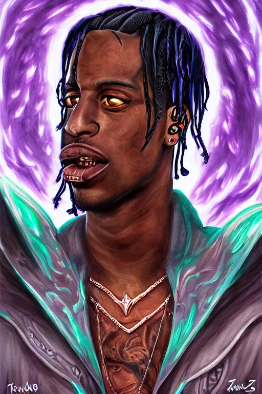 Prompt: an in game portrait of travis scott as hades, art by jen zee.