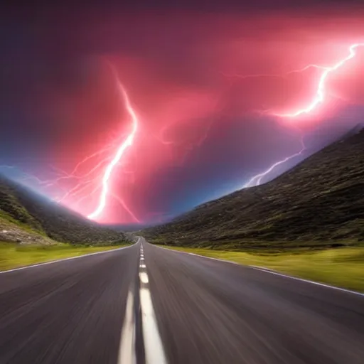 Prompt: zerglings rushing towards black pontiac firebird trans - am driving towards the camera, norway mountains, valley, large lake, dynamic, cinematic, motionblur, volumetric lighting, wide shot, low angle, red glow in sky, large lightning storm, thunder storm