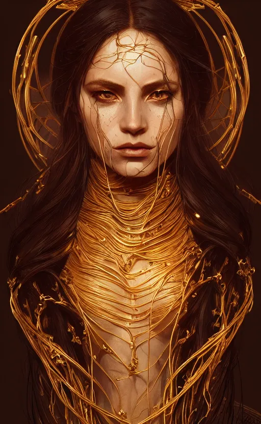 Image similar to portrait of a dark goddess, gold wires, visible veins and nerves, intricate, headshot, highly detailed, digital painting, artstation, concept art, sharp focus, cinematic lighting, illustration, art by artgerm and greg rutkowski, alphonse mucha, cgsociety