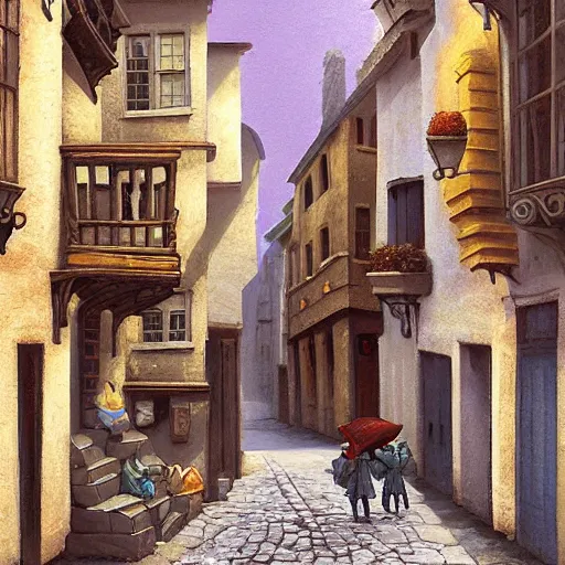 Image similar to a busy fantasy street looking down one street within a fascinating old city, quirky shops, narrow streets, old buildings, cobblestones on the ground, stone steps, street life, by Sylvain Sarrailh, single street, cinematic, simple but effective composition, clean lines, beautiful digital painting, oil painting, detailed, dungeons and dragons, lord of the rings