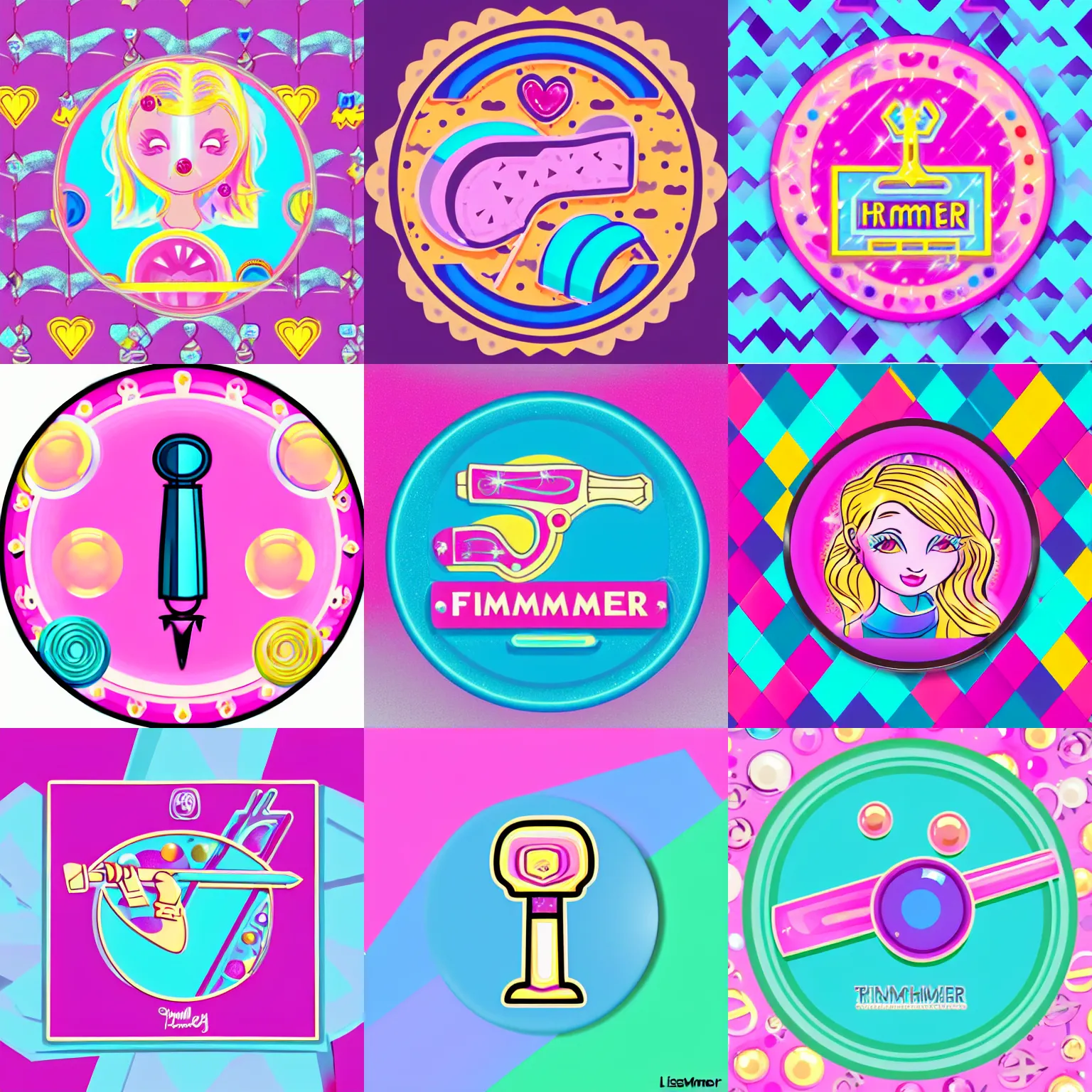 Prompt: 🔨!!!!!!!!!!!!!!!! girly hammer icon designed by lisa frank, girly, vector graphics forum badge, svg, symmetrical, transparent background, cute, metal, enamel, cloissonne, vintage, guilloche, gem stones, gilt, swarovski, circular