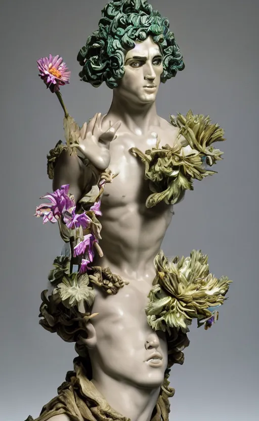 Prompt: a young handsome seductive latino porcelain sculpture of a prince with a head of a CRT monitor and a large glowing violet crystal in the center of his chest, full-body bronze cyberpunk style statue of Andromeda with glowing green laser eyes, crown of mechanical chrysanthemums, flowing aqua silk, fabric, steampunk flowers. baroque elements, human hands. full-length view. baroque element. intricate artwork by caravaggio. many flying horses on background. Trending on artstation, octane render, cinematic lighting from the right, hyper realism, octane render, 8k, depth of field, 3D