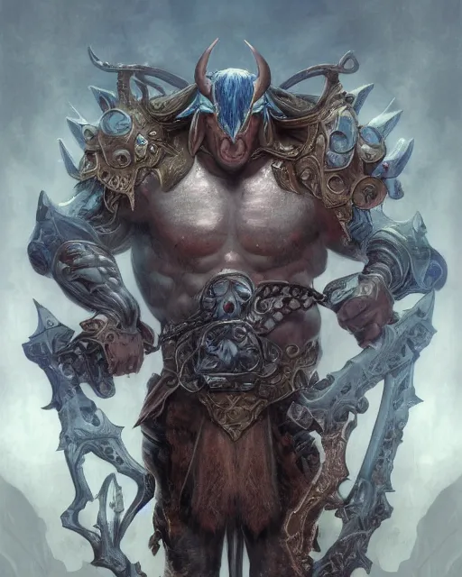 Image similar to Horse barbarian, minotaur, bull, centered, portrait, symmetrical, Path of Exile, Diablo, Warhammer, digital painting, highly detailed, concept art, Nekro, Peter Mohrbacher, Alphonse Mucha, Brian Froud, Yoshitaka Amano, Kim Keever, Victo Ngai, James Jean