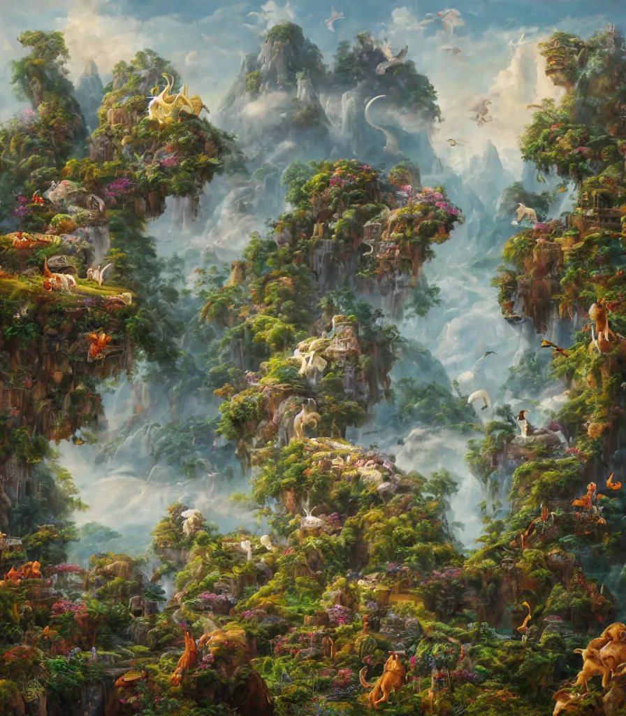 Image similar to a Breathtakingly enchanted landscape with floating Tropical islands, dogs with wings, and a mythical overgrown castle in the background, that are slightly obscured by magical mist in the style of Ken Hong Leung, artstudio, impasto oil painting, high fidelity, fine-grained, charcoal line art