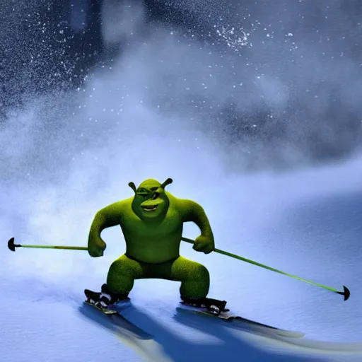 Image similar to shrek skiing, angry, full body shot, cinematic lighting, studio quality