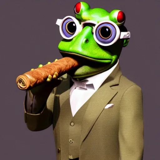 Image similar to a high quality photo of an antropomorphic frog wearing a suit smoking a cigar cigar cigar cigar, 3d scene, render, ultra realistic, artstation, cgsociety