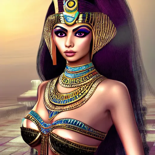 Prompt: portait egyptian princess cleopatra as haifa wehbe, centred, very long hair, charmed sexy look, hd, unreal engine, art painting, final fantasy style, amazing background theme