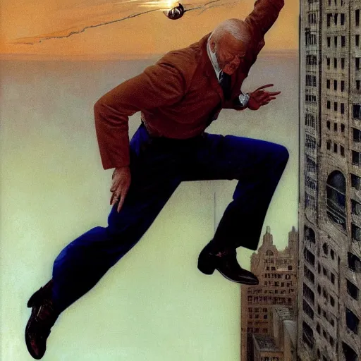 Image similar to immense, majestic, surreal, terrifying joe biden crushing buildings under his heel, perfectly clear face, by j. c. leyendecker and beksinski