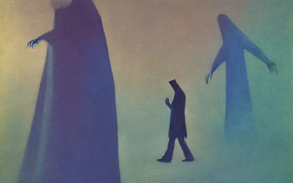 Prompt: colorized movie still from The Cabinet of Doctor Caligari: a ghost walking alone at night in the woods, oil painting by zdzisław beksiński, iridescent color palette chromatic aberration