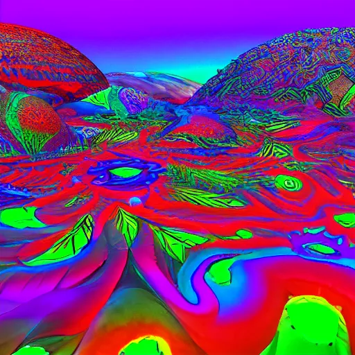 Image similar to an organic landscape made of psychedelic LSD DMT open eye visuals, Shpongle, unreal engine cinema4d