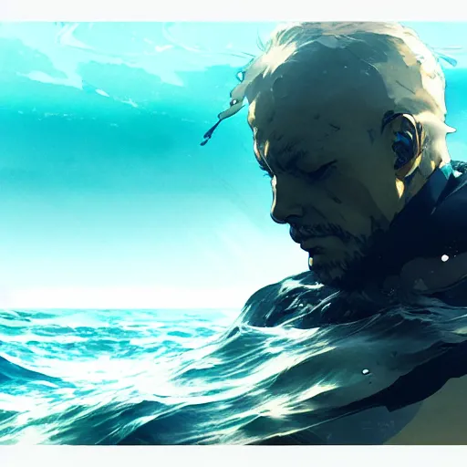 Image similar to man in the ocean looking for wifi by Akihito Yoshitomi AND Yoji Shinkawa AND Greg Rutkowski, Mark Arian trending on artstation