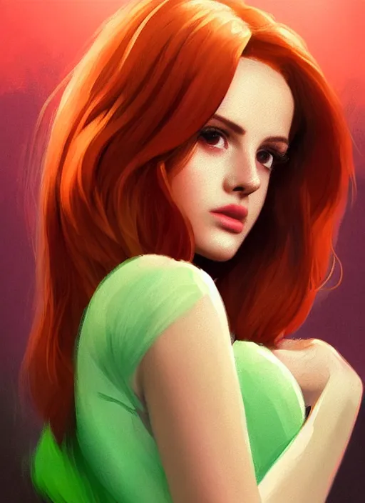 Image similar to full body portrait of teenage cheryl blossom, bangs, green eyes, mischievous expression, red hair, sultry smirk, bangs and wavy hair, intricate, elegant, glowing lights, highly detailed, digital painting, artstation, concept art, smooth, sharp focus, illustration, art by wlop, mars ravelo and greg rutkowski