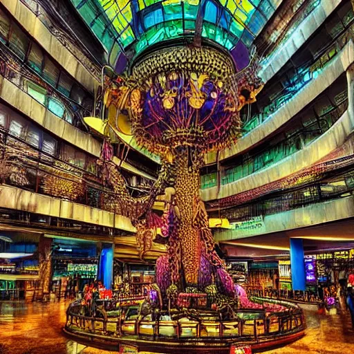 Prompt: terminal 2 1 in bangkok. steampunk and magical colors. digital art.