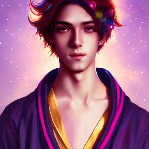 Prompt: colorful and Festive Captivating teenager boy with straight indigo hair, purple eyes with red eye markers, slim body, wearing a detailed Japanese kimono with golden details, atmospheric lighting, painted, intricate, 4k, highly detailed by Charlie Bowater