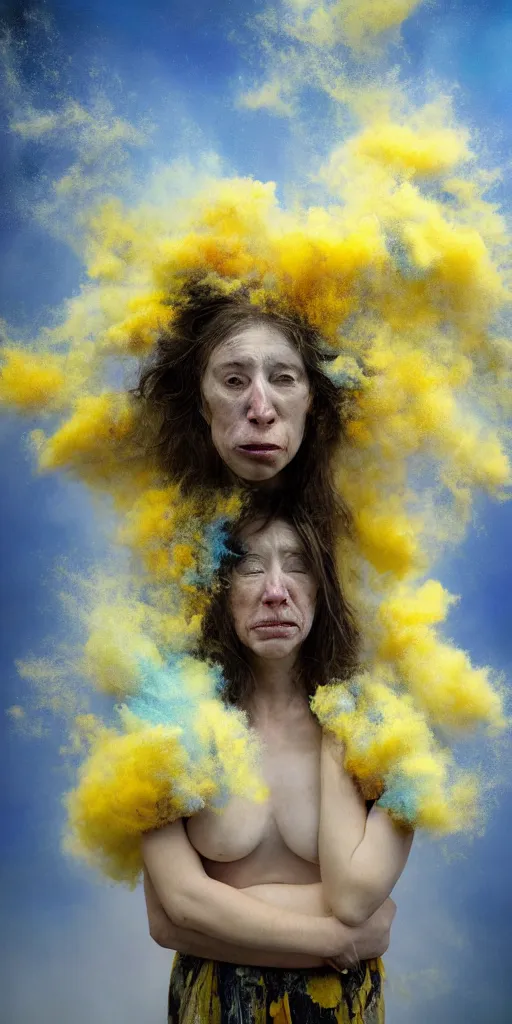 Image similar to woman crying covered in yellow and blue clouds, by kim keever