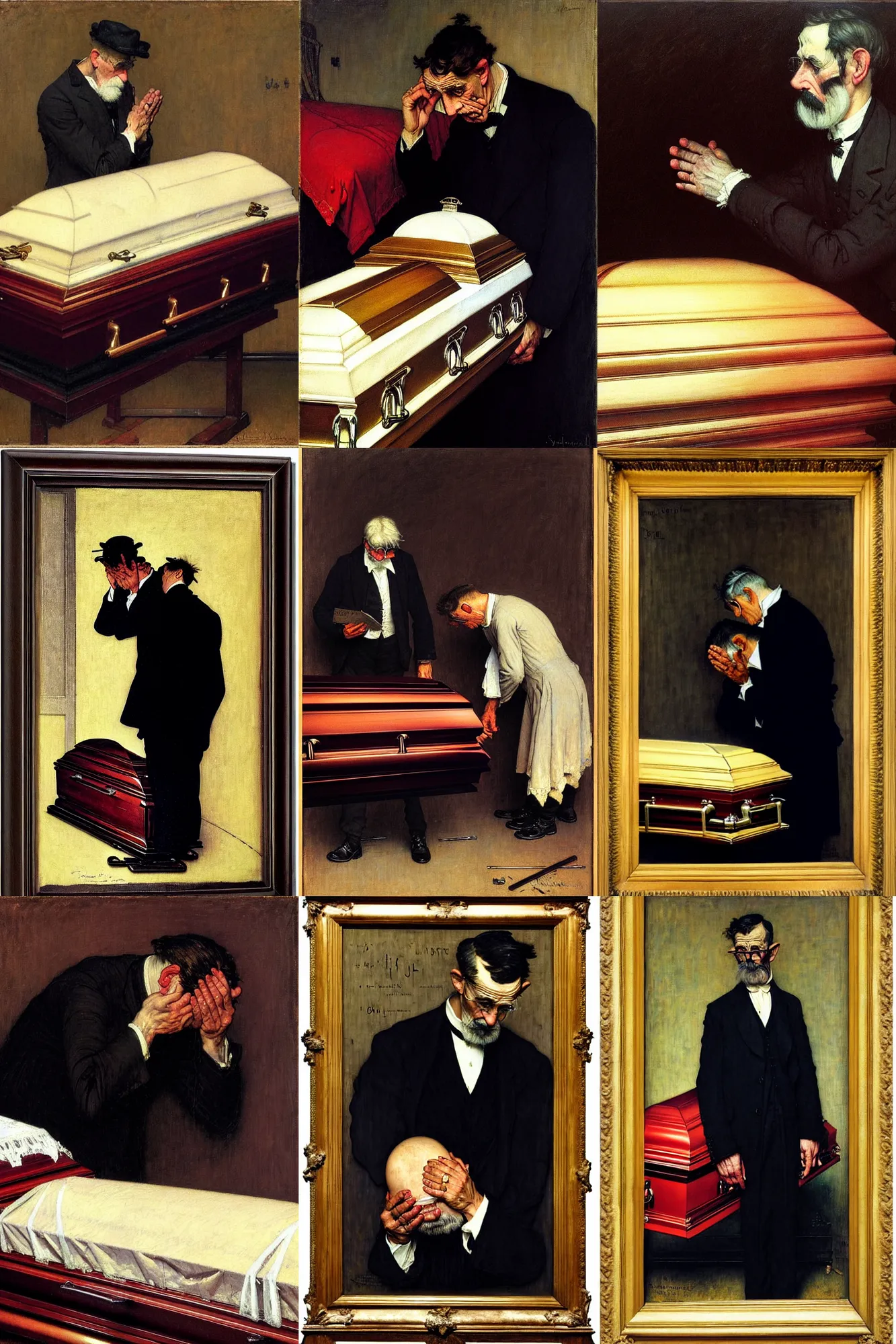 Prompt: a sad man mourning over a casket by sydney prior hall and alfred stevens and norman rockwell, casket, highly detailed, deep shadows, accurate face, hyperrealism