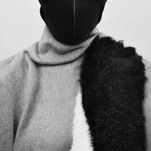 Image similar to realistic photoshooting for a new balenciaga lookbook, color film photography, portrait of a beautiful woman, model is wearing a balaclava mask, in style of tyler mitchell, 3 5 mm,