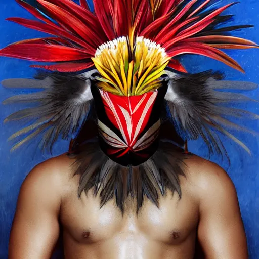 Image similar to a male tupi guarani warrior portrait with bird of paradise flower covering his face, art by marco mazzoni, dark background, asymmetrical, cinematic, colors red white blue and black