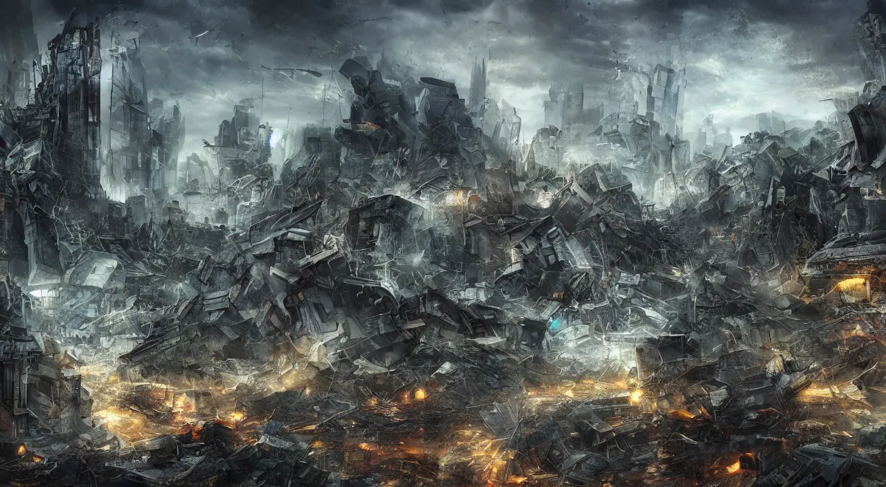 Prompt: damaged city, high - tech, concept art, forest, tornado, war, broken, high resolution, evil