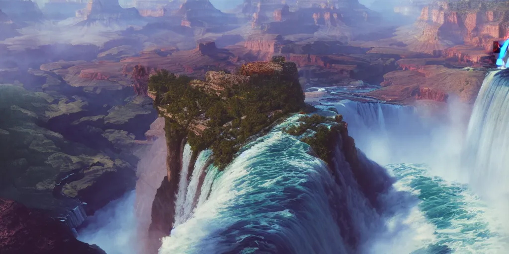 Prompt: The Grand Canyon, Niagara Falls, detailed oil painting, cinematic angle, hyperrealistic, breathtaking, volumetric lighting, cinematic lighting, dynamic, Studio Ghibli, digital art, octane render, epic composition, trending on artstation, masterpiece