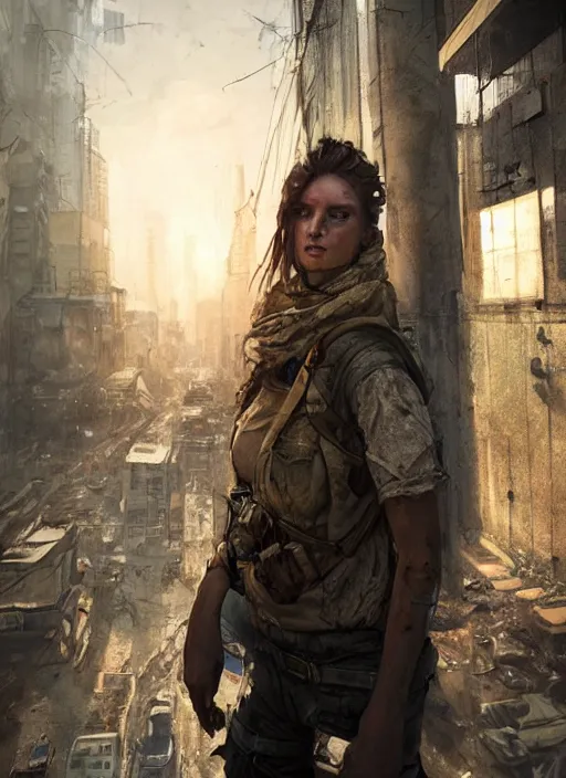 Image similar to portrait of a survivalist woman in a post apocalyptic city at dawn, beautiful digital concept art trending on artstation, ultra - realistic lifelike high details, cinematic lighting dystopian art