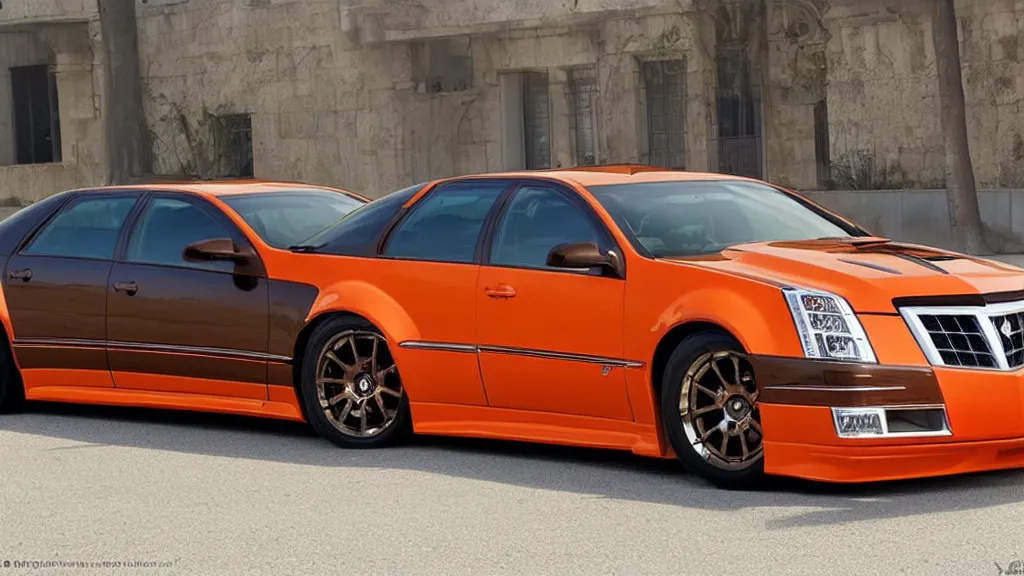 Prompt: A Pontiac Grand Am crossed with a Cadillac CTS-V, orange and black