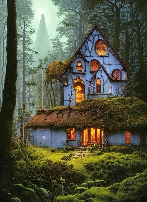 Image similar to hyper realistic homely ornate modern witch cottage far away in the woods gorgeous lighting, blue sky, highly detailed, lush forest by zdzisław beksinski and norman rockwell and greg rutkowskiweta studio, and lucasfilm